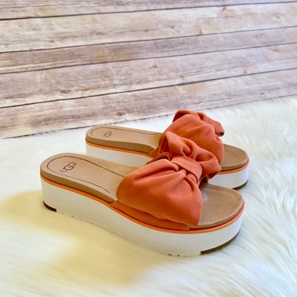 UGG Shoes - UGG Joan Platform Bow Suede Sandals In Coral
